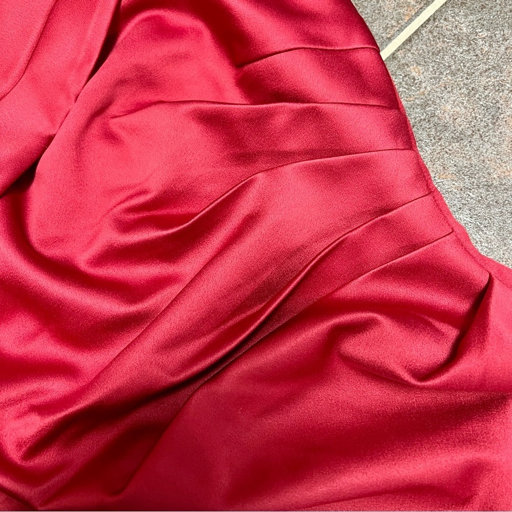 Lavish Alice Pleated One Shoulder Satin Cocktail Midi Dress Red Burgundy 2 NWT - Picture 14 of 16